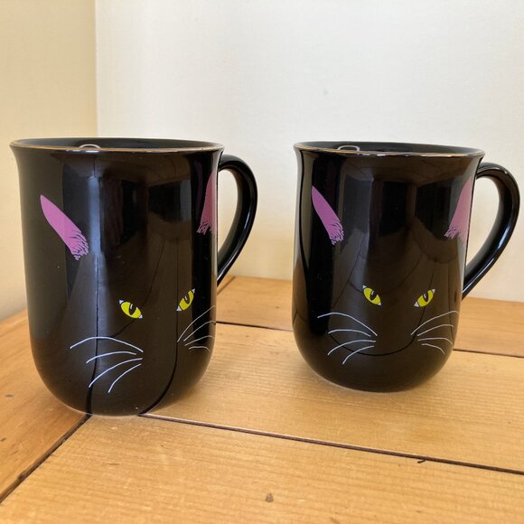 Otagiri Black Cat Face Coffee Mugs Set of 2 Vintage Japan 8 oz Cheryl Fleischer - Picture 1 of 7